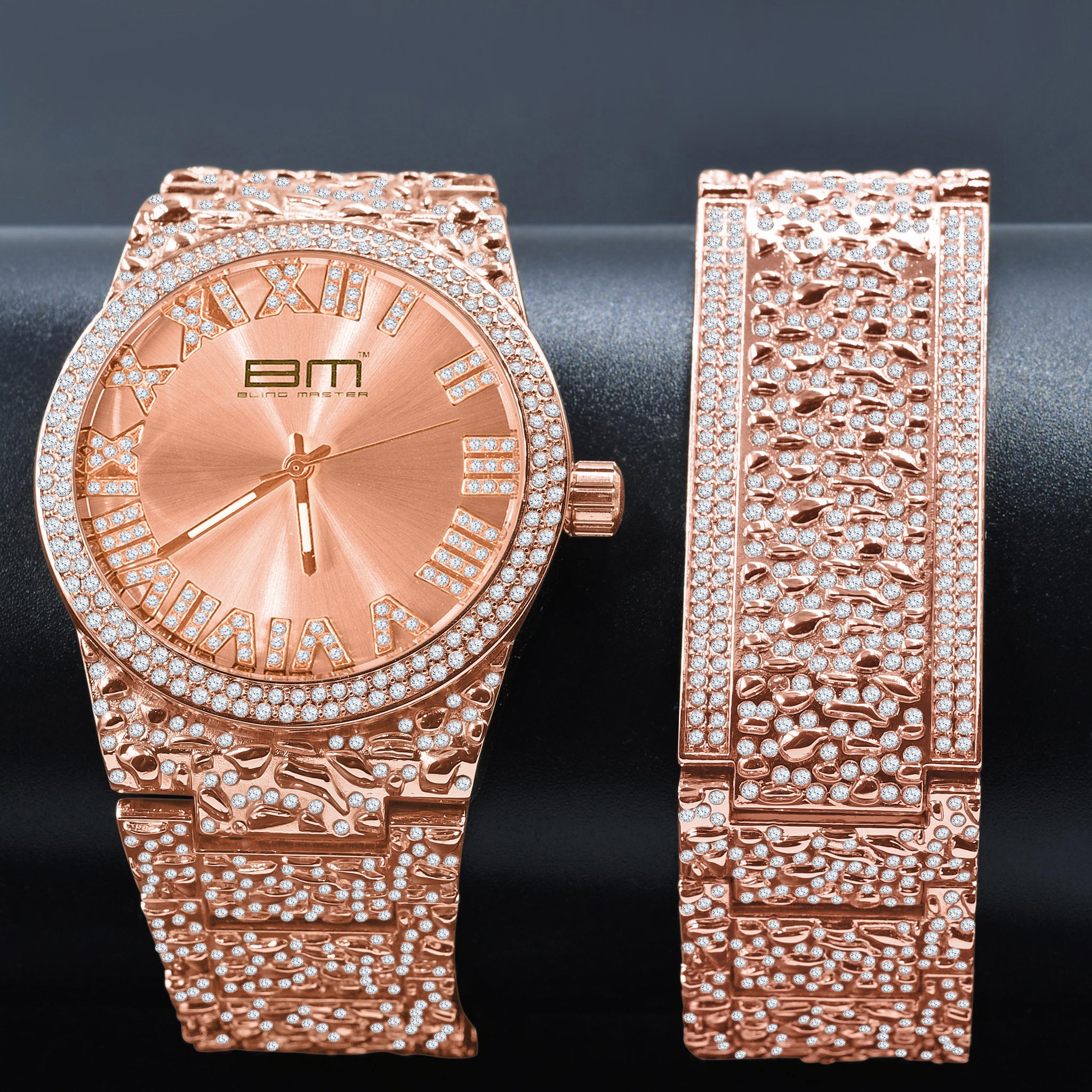 ARTERIAL BLING WATCH featuring a luxurious rose gold design with a droplet theme, showcasing its elegant craftsmanship and adjustable links.