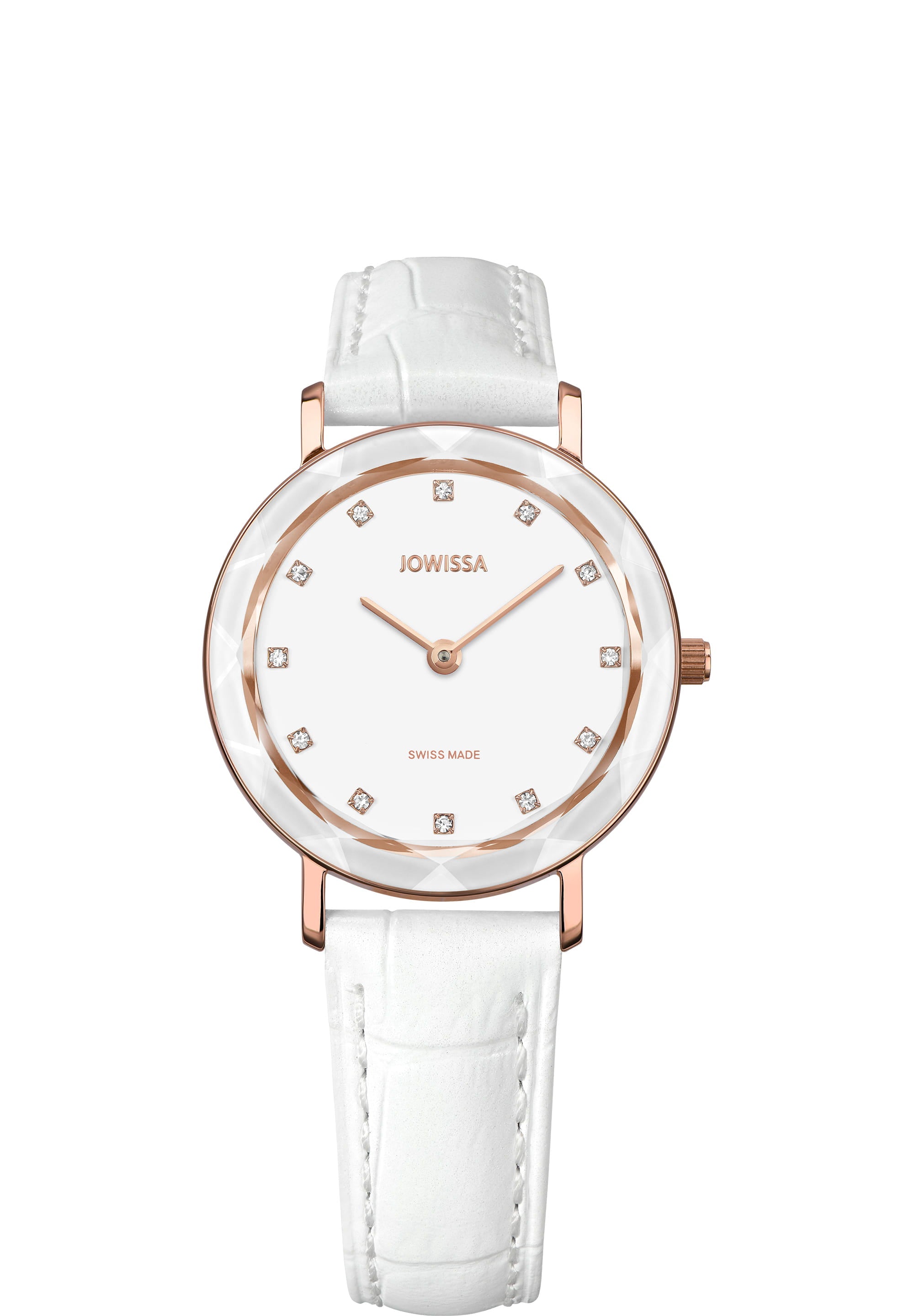 Aura Swiss Ladies Watch J5.639.M featuring a white dial, rose gold accents, and rhinestone hour markers on a leather strap.