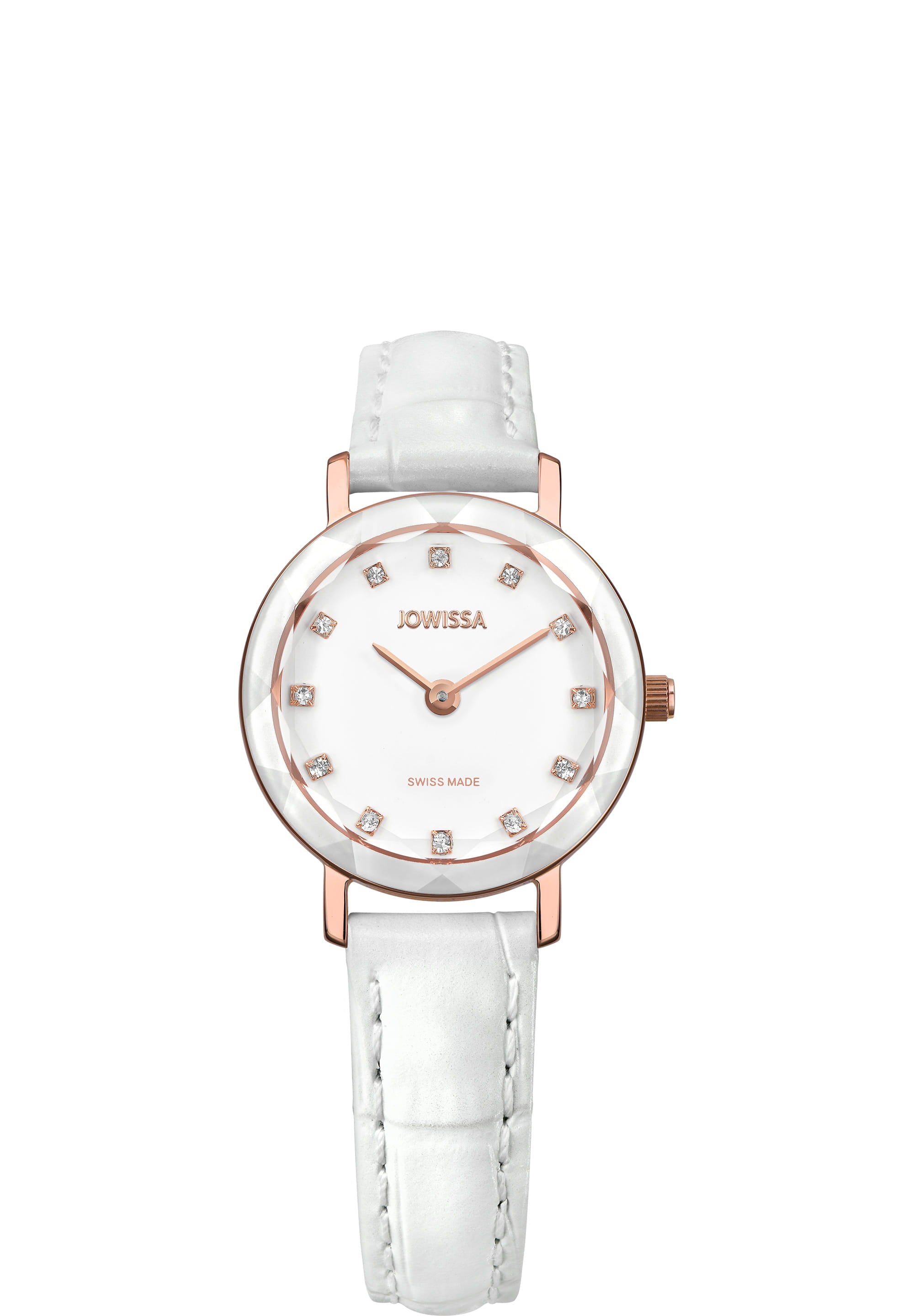 Aura Swiss Ladies Watch J5.639.S featuring a white dial, rose gold accents, and rhinestone hour markers on a leather strap.