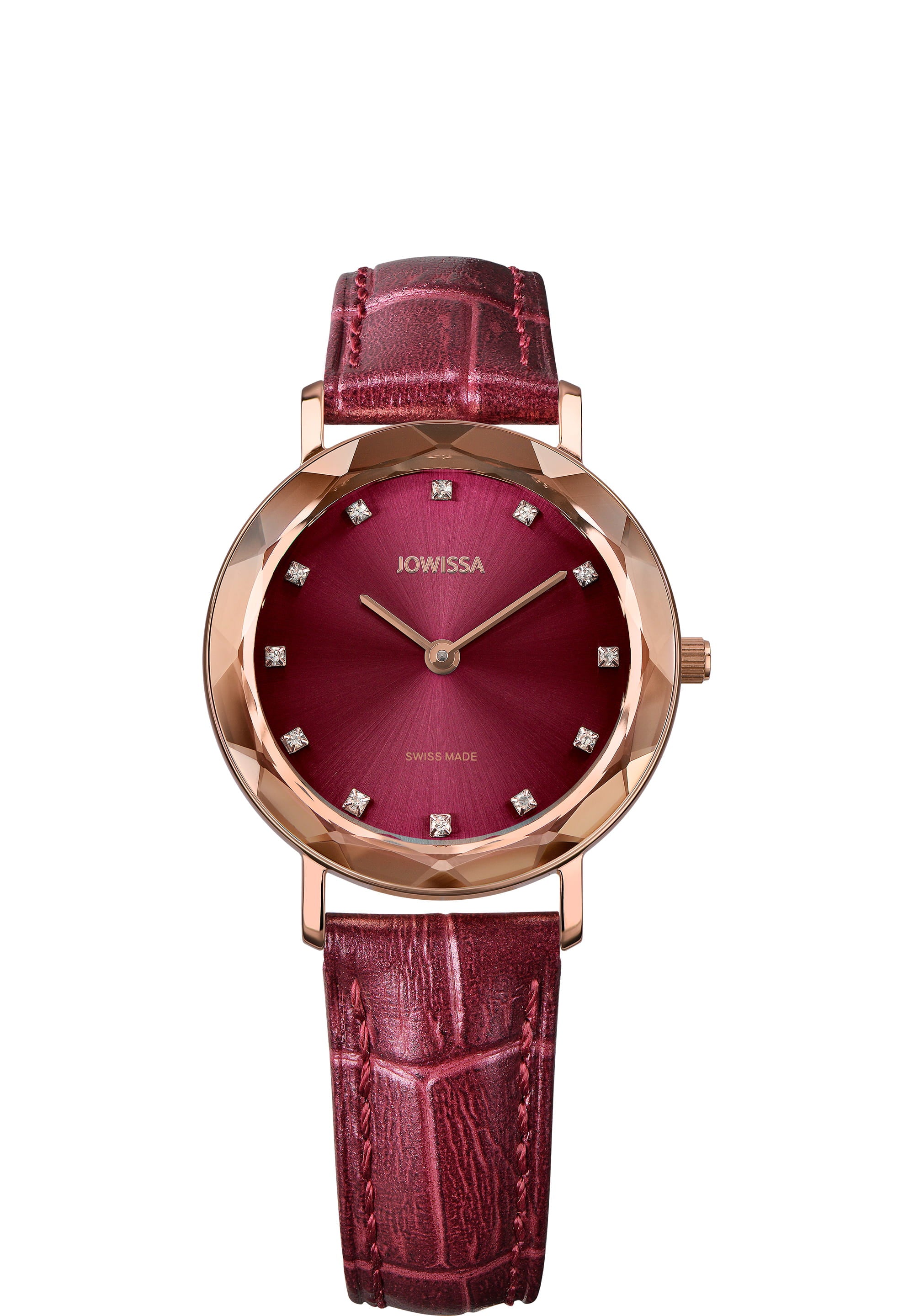 Aura Swiss Ladies Watch J5.641.M featuring a rose gold case, burgundy dial, and crocodile leather strap, showcasing elegance and sophistication.