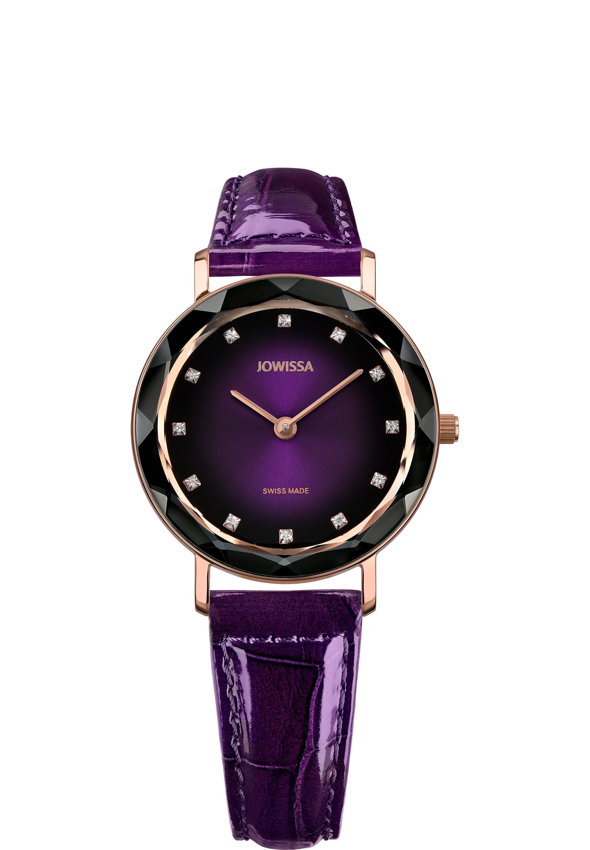Aura Swiss Ladies Watch J5.649.M featuring a vibrant purple and black dial with gold hour hands and rhinestones, complemented by a glossy purple leather strap.