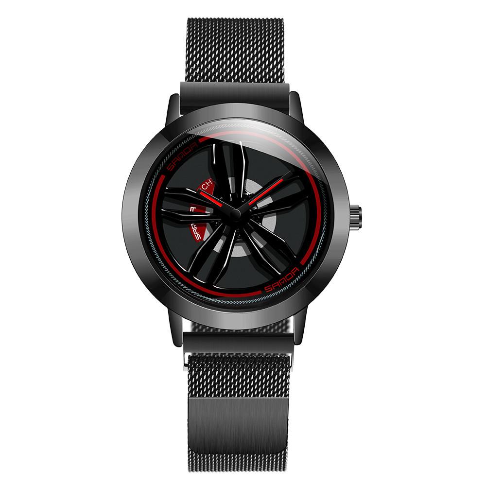 Automobile Wheel Style Quartz Watch featuring a unique wheel design and durable mineral tempered glass.