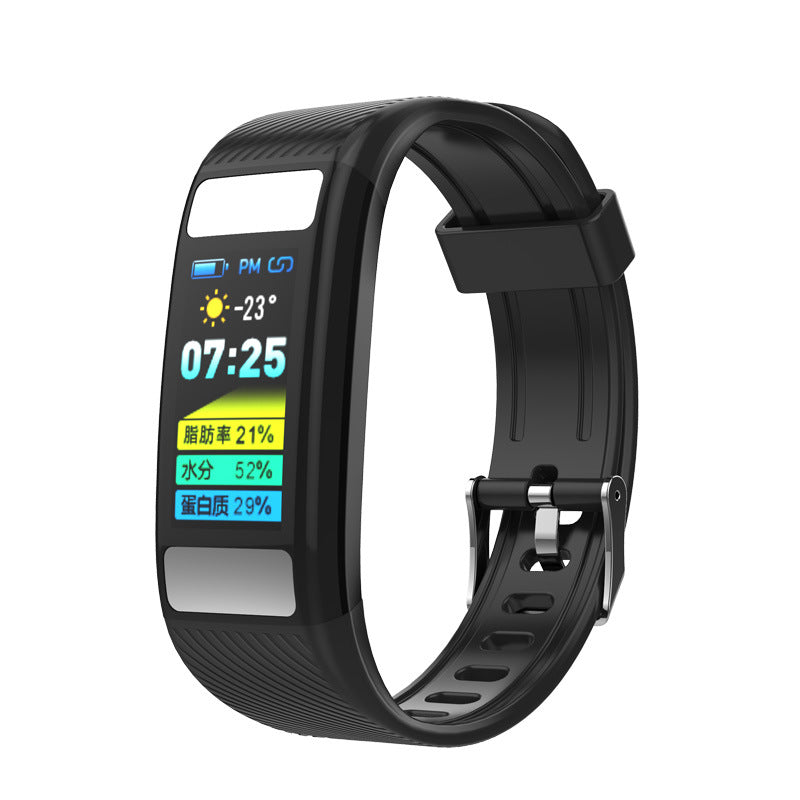 A sleek black Body Fat Monitoring Sports Bluetooth Smart Bracelet with a TPU wristband, showcasing its modern design and functionality.