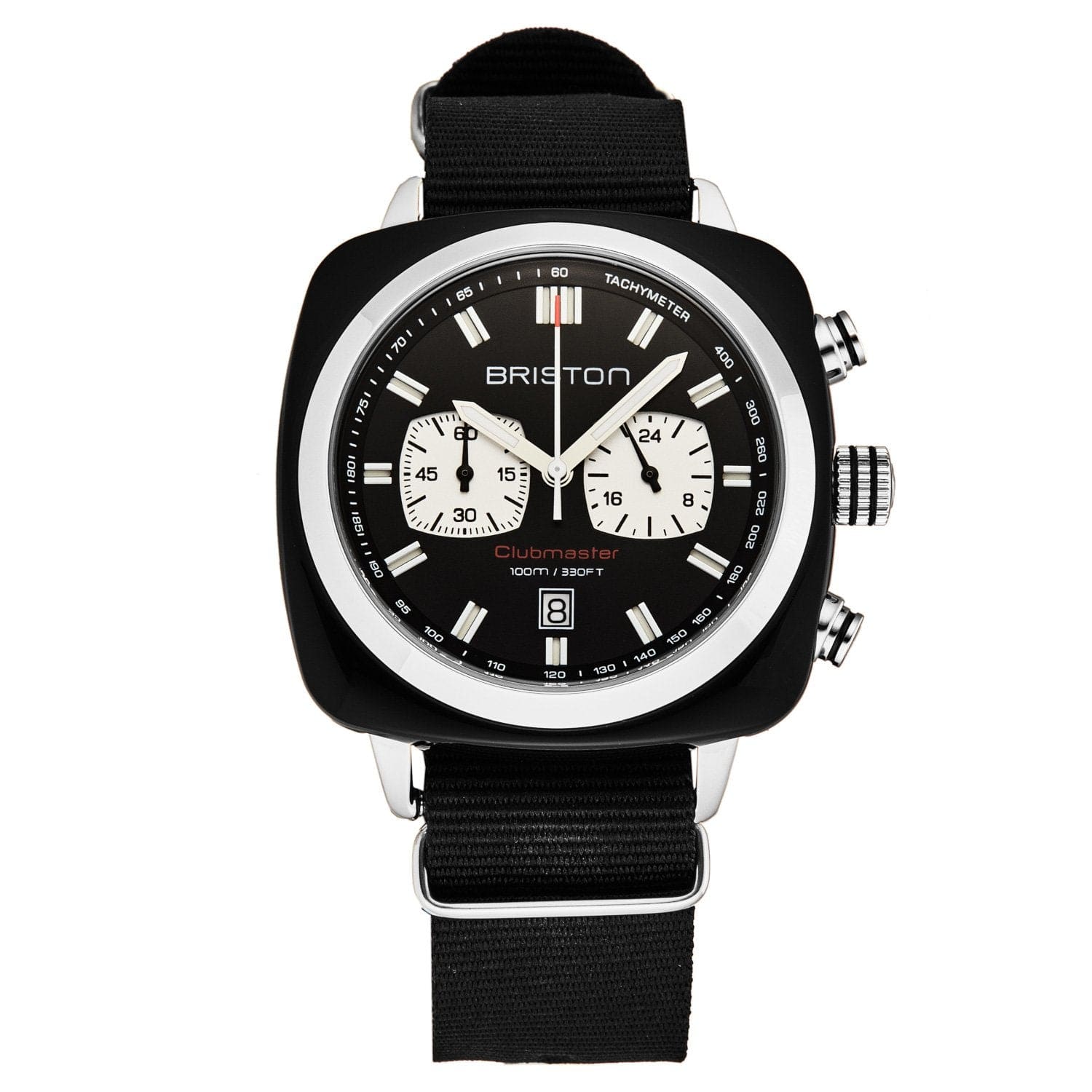 Briston Men's 17142.SA.BS.1.NB 'Clubmaster Sport' watch featuring a black dial, black acetate case, and nylon band.
