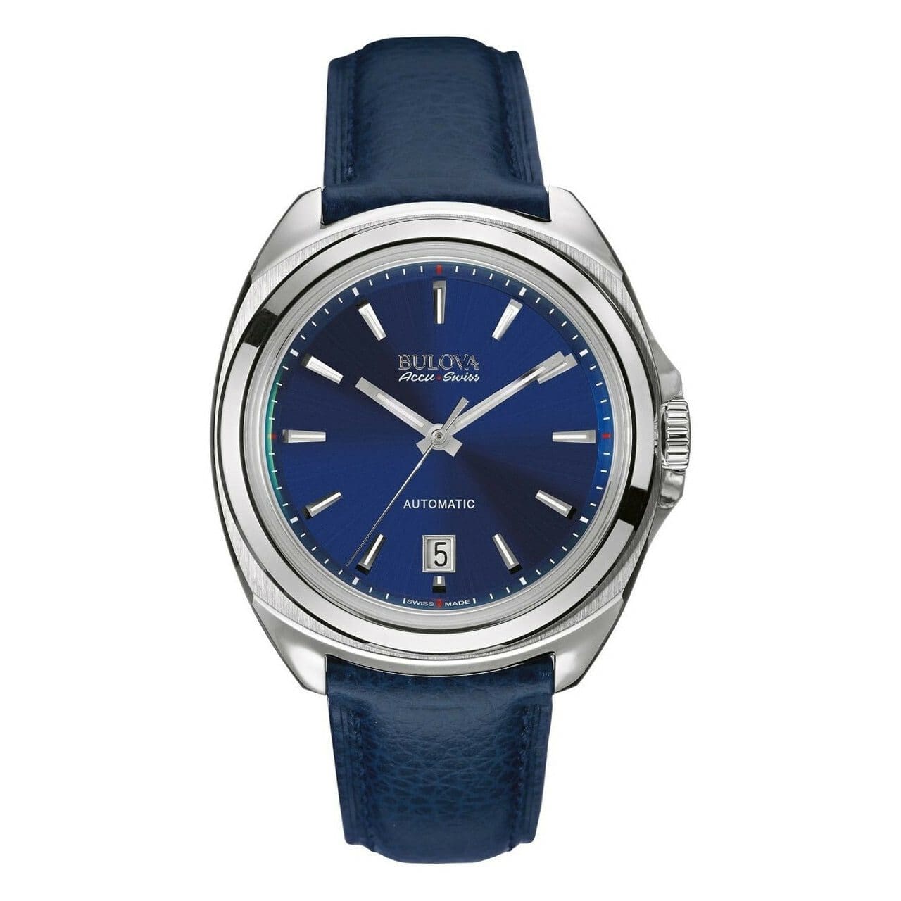 Bulova 63B185 Accu Swiss Mechanical Watch with blue leather strap and stainless steel case, featuring a blue dial and luminous markers.