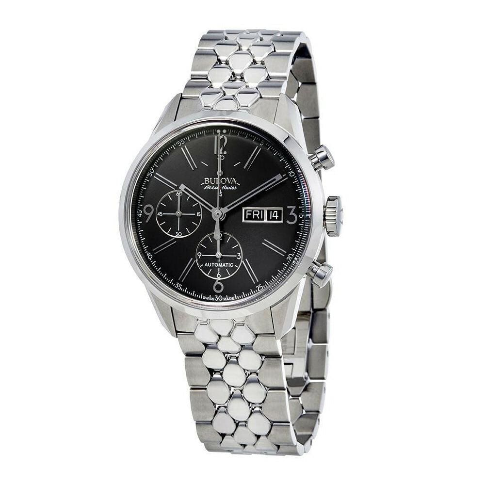 Bulova 63C119 Accu Swiss Men's Chronograph Watch with grey sunray dial and stainless steel case.