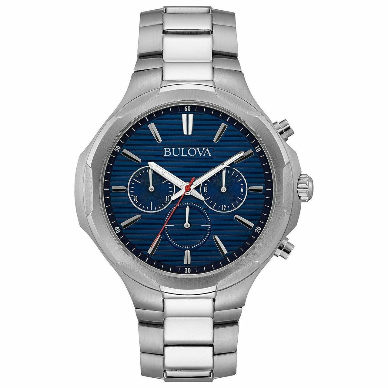Bulova 96A200 Classic Stainless Steel Blue Dial Men's Chronograph Watch with red second hand and stainless steel band.