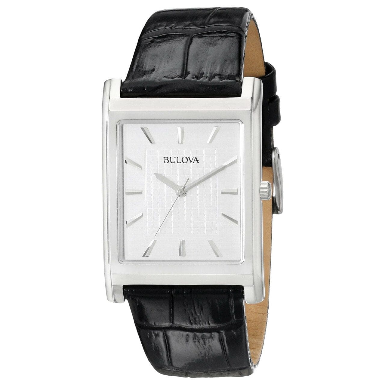 Bulova 96A23 Men's Quartz Watch featuring a silver dial, black leather band, and stainless steel case.
