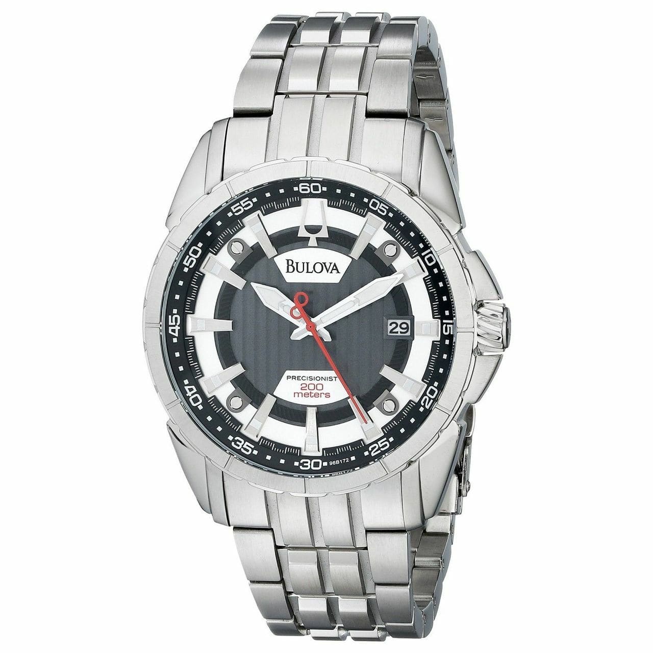 Bulova 96B172 Men's Campton Precisionist watch with silver-tone stainless steel bracelet and gray dial.