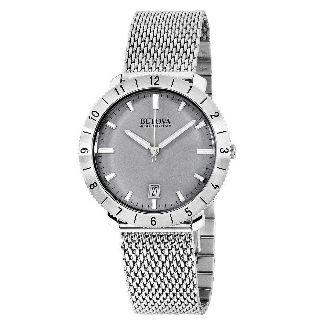 Bulova 96B206 Accutron II Moonview Men's Watch featuring a black dial, stainless steel case, and mesh bracelet.