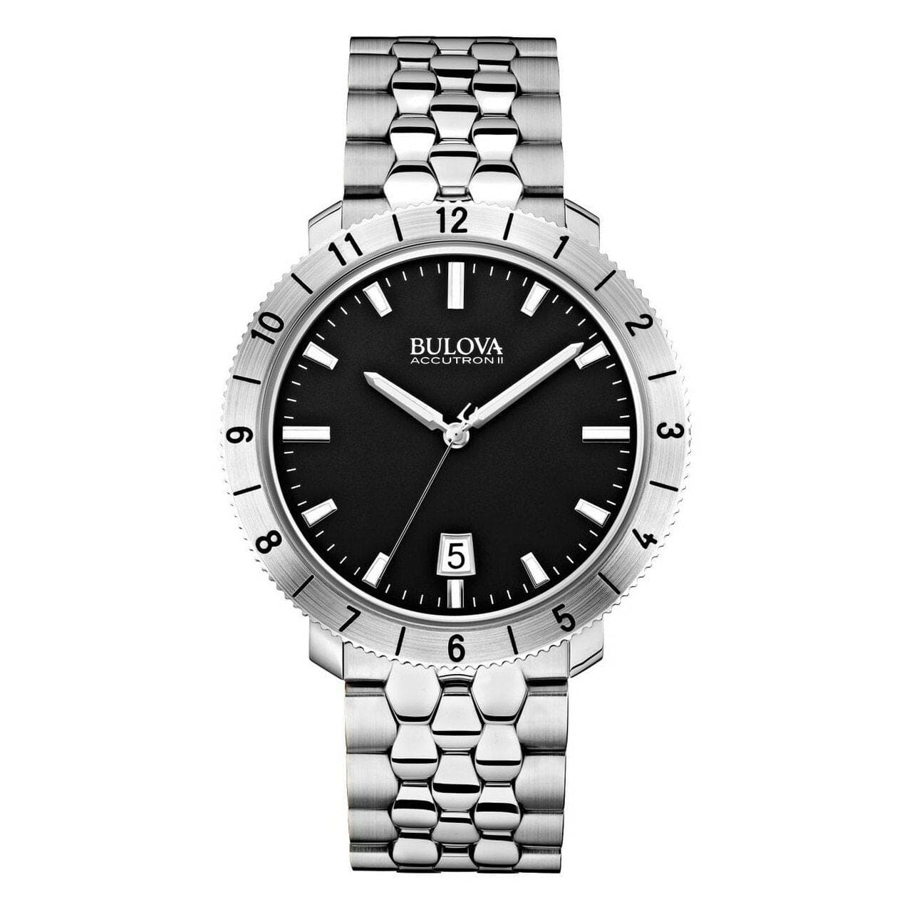 Bulova 96B207 Accutron II Moonview men's watch featuring a black dial, stainless steel case, and luminous hands.