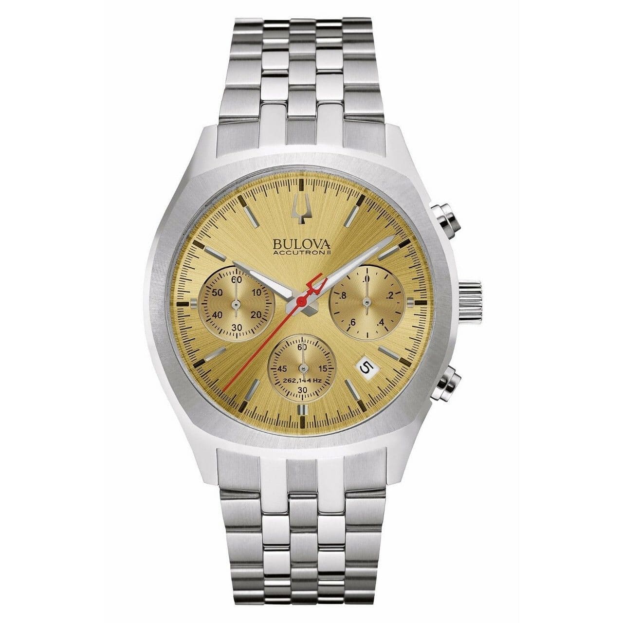 Bulova 96B239 Accutron II Surveyor watch featuring a gold dial and stainless steel case, showcasing its elegant design and chronograph functionality.