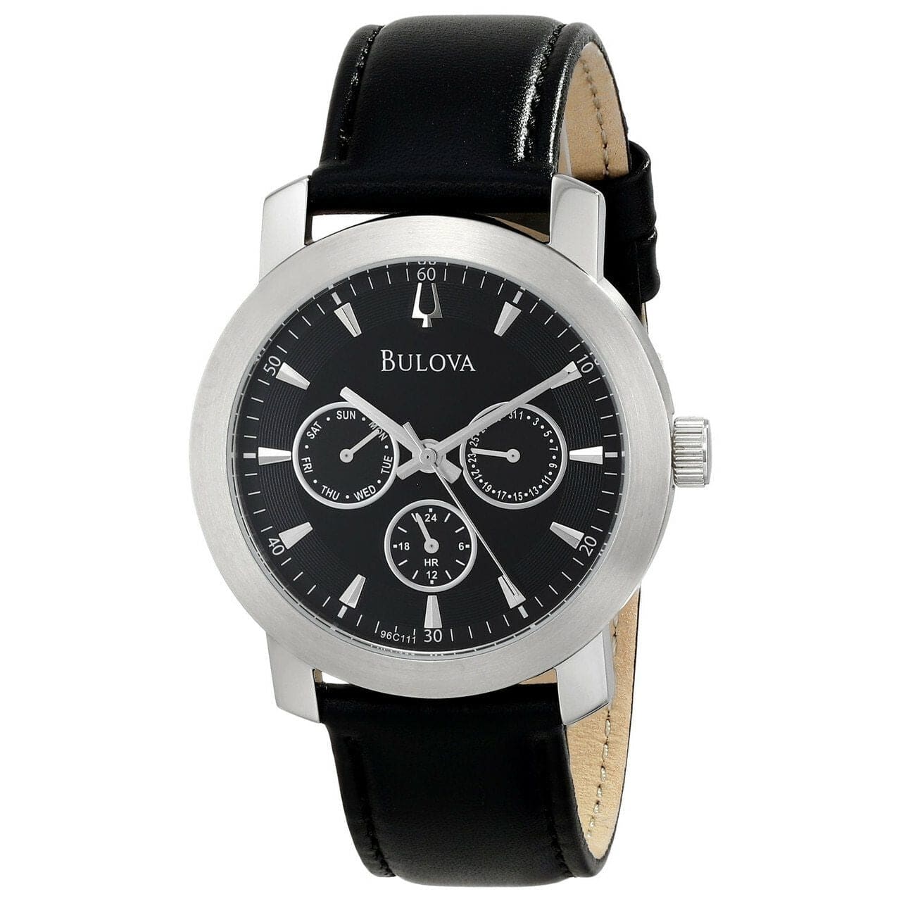 Bulova 96C111 Black Dial Men's Chronograph Leather Watch featuring a black dial, stainless steel case, and leather strap.