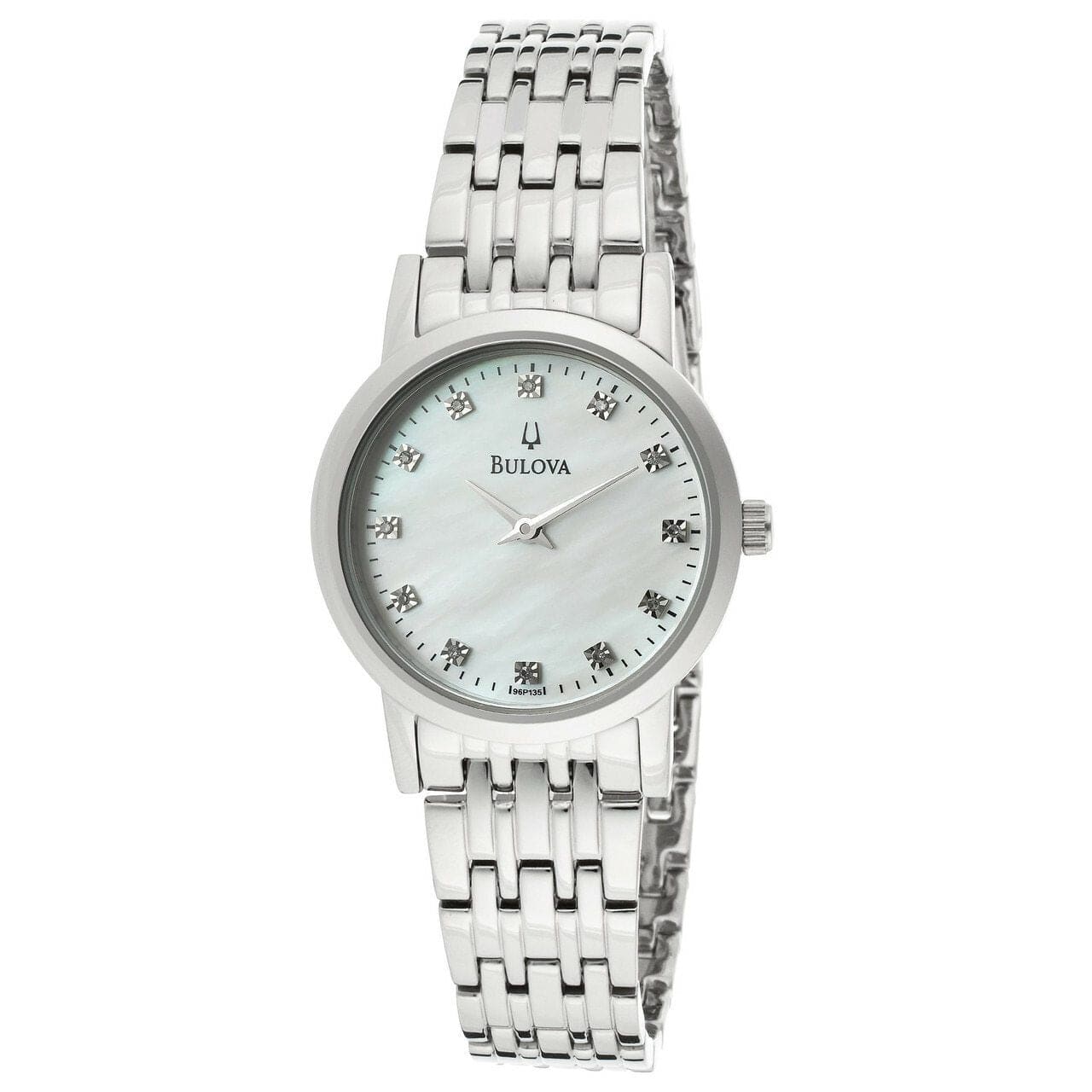 Bulova 96P135 watch featuring a stainless steel case, diamond accents, and a mother of pearl dial, elegantly displayed in its original gift box.