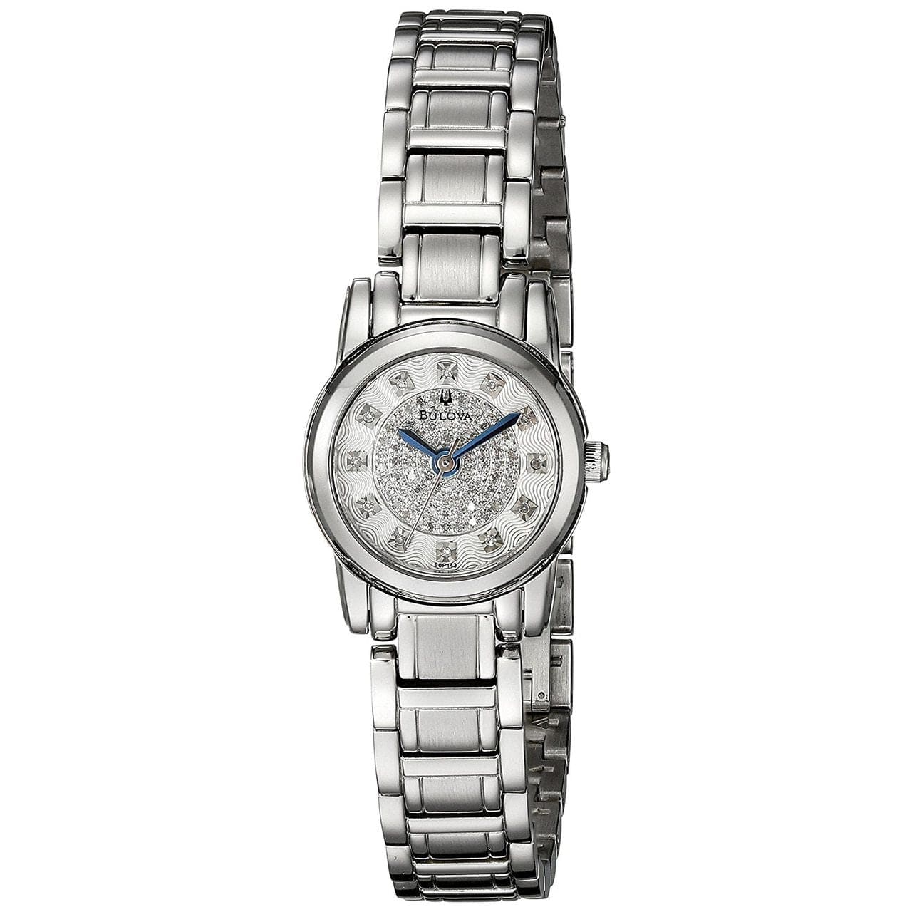 Bulova 96P143 Highbridge Silver Crystal Set Dial Stainless Steel Watch featuring a polished stainless steel case and diamond engraved silver dial.