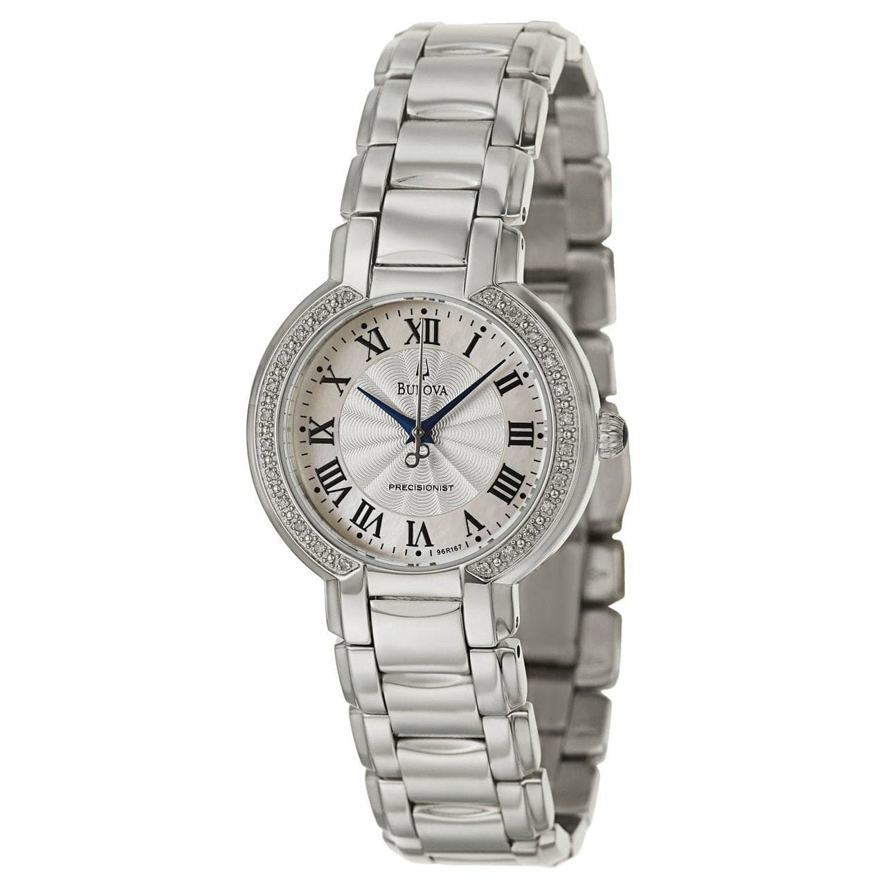Bulova 96R167 Ladies Fairlawn Precisionist watch featuring a mother-of-pearl dial and diamond bezel on a polished stainless steel bracelet.