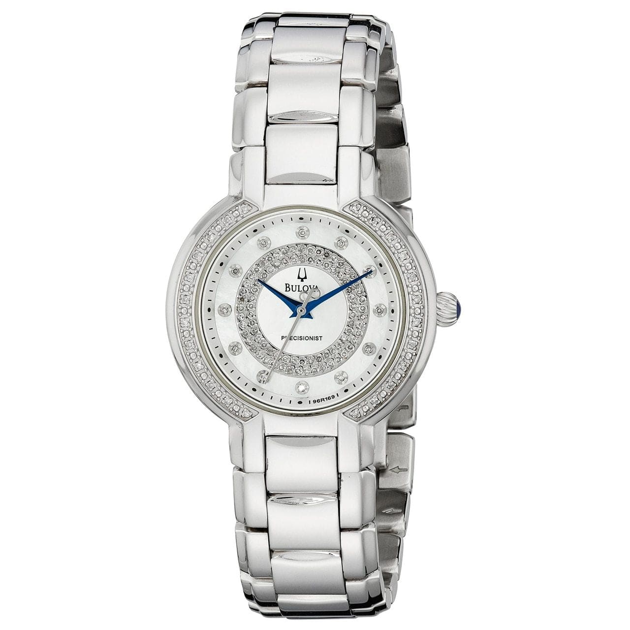 Bulova 96R169 Precisionist Women's watch with silver dial and diamond accents on a stainless steel band.