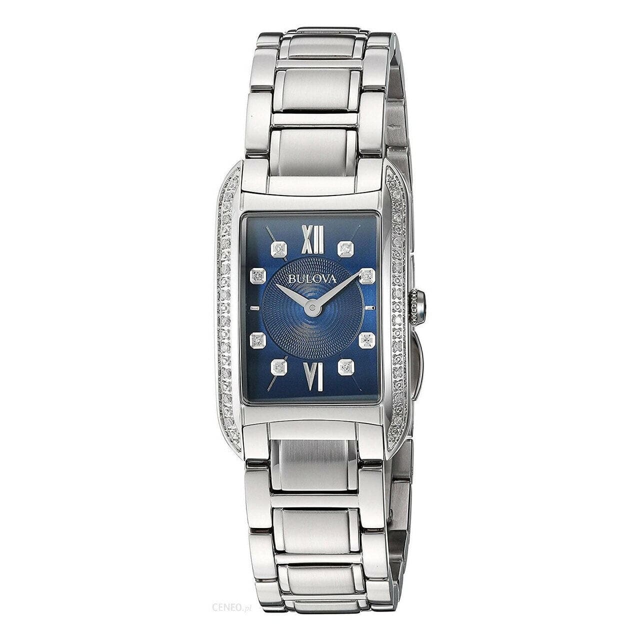 Bulova 96R211 Diamond Accented Blue Dial Women's Rectangular Quartz Watch showcasing a blue dial with diamond accents and stainless steel band.