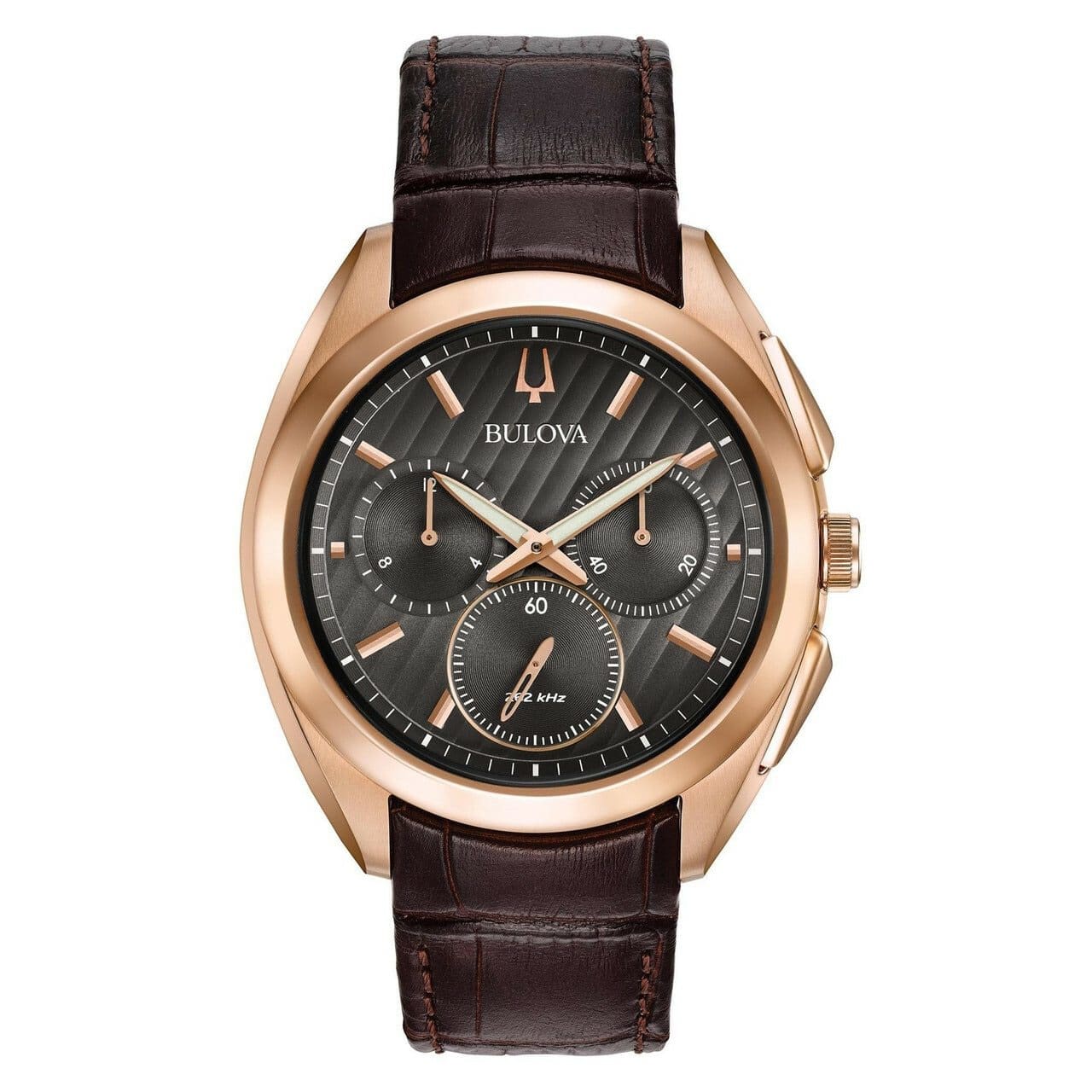 Bulova 97A124 CURV men's chronograph watch with rose gold-tone case, black dial, and brown leather strap, showcasing its elegant design.