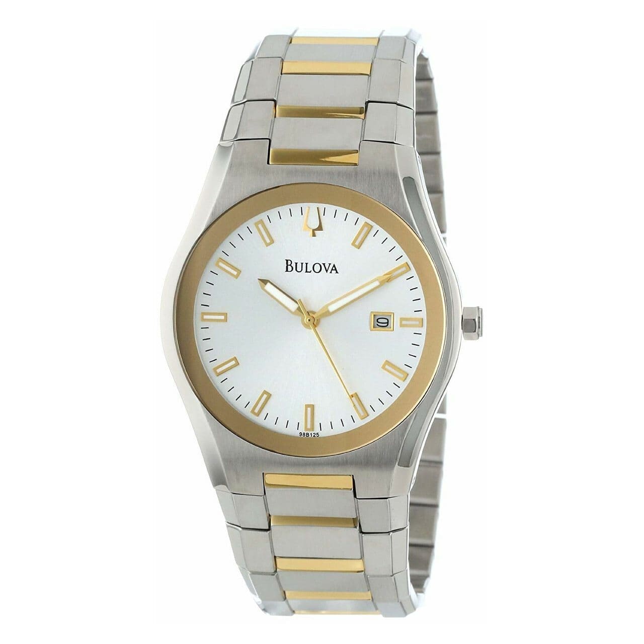 Bulova 98B125 Two Tone Stainless Steel Men's Quartz Watch with silver dial and gold-tone accents, featuring a stainless steel bracelet.