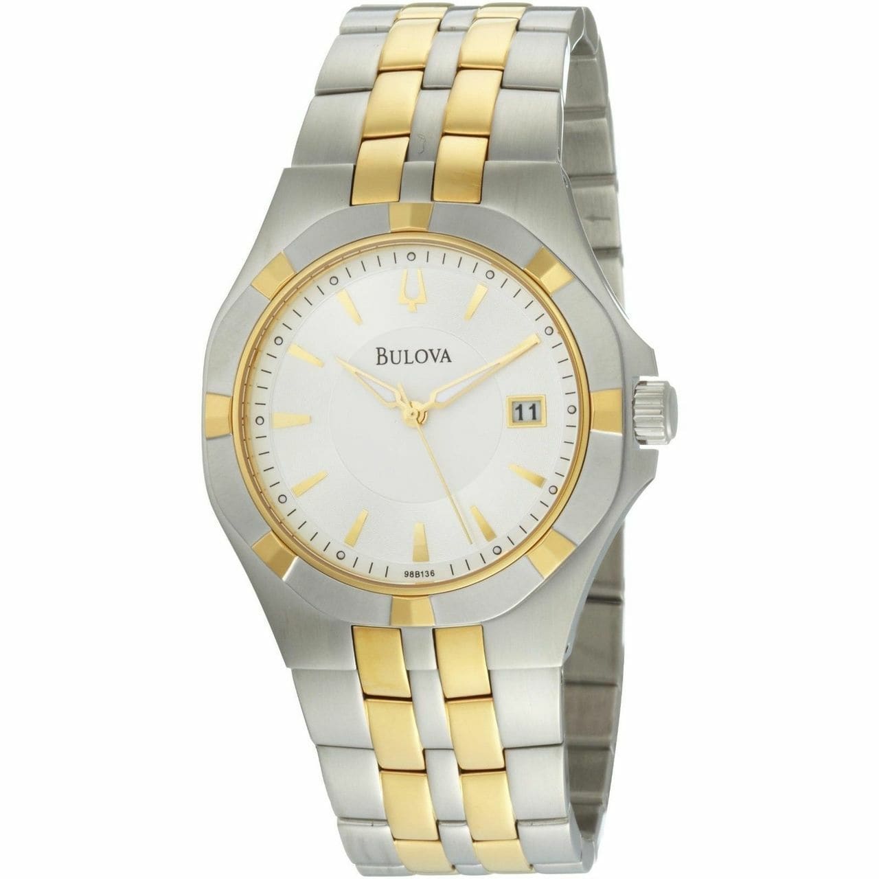 Bulova 98B136 Two-Tone Stainless Steel Men's Watch with white dial and gold-tone accents.
