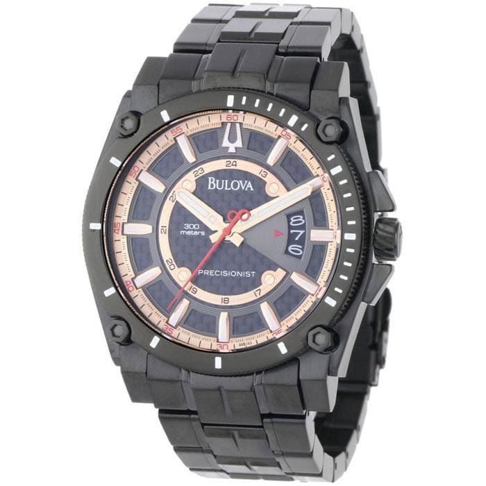 Bulova 98B143 Precisionist Men's Watch with black PVD case and charcoal grey dial, featuring a stainless steel bracelet.