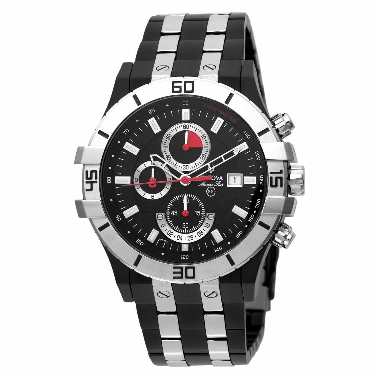 Bulova 98B117 Marine Star Men's Chronograph Watch with black dial and two-tone stainless steel band.