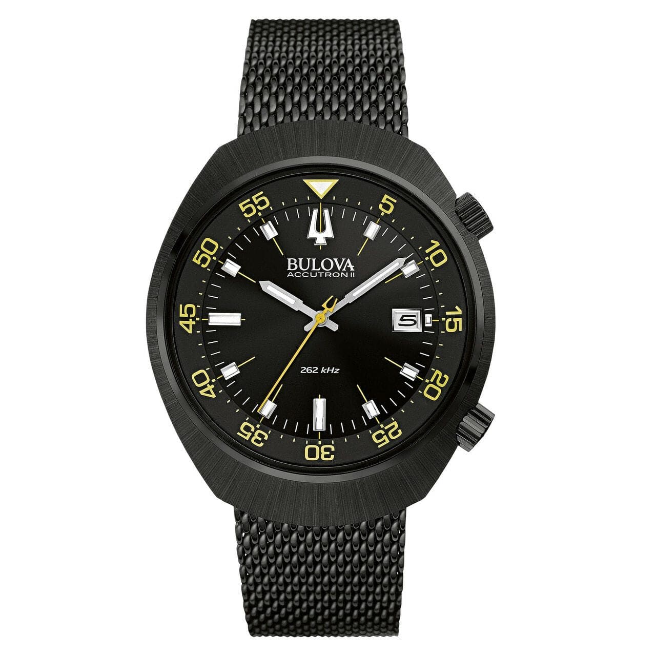 Bulova 98B247 Accutron II men's watch featuring a black dial, stainless steel case, and mesh band, showcasing its elegant design and advanced technology.
