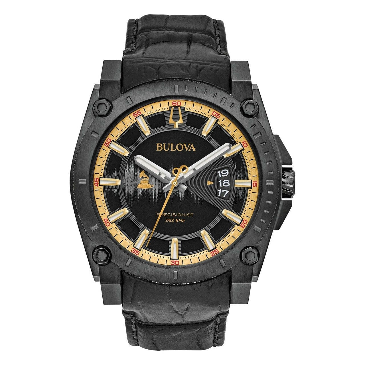Bulova 98B293 Precisionist Collection Grammy Edition watch with black leather strap and matte black dial.