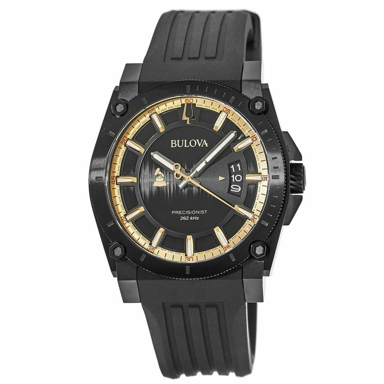 Bulova 98B294 Precisionist Grammy Edition watch with black dial and silicone strap, showcasing the GRAMMY logo.