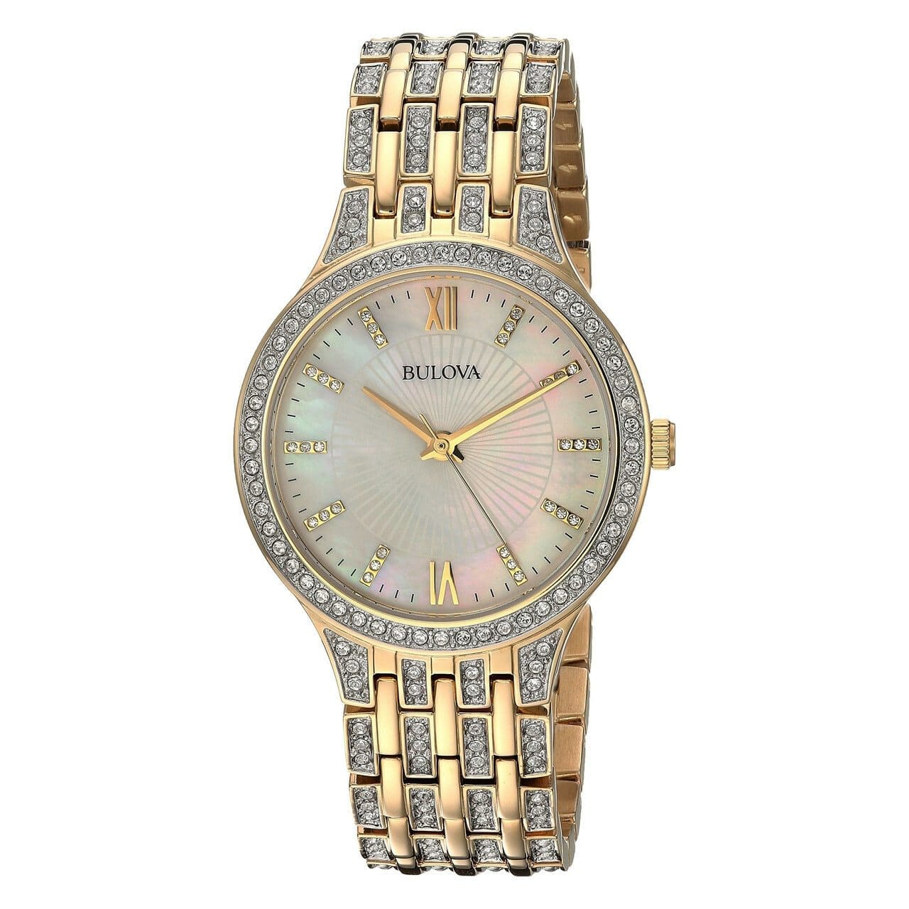 Bulova 98L234 women's watch featuring gold tone stainless steel case, mother of pearl dial, and Swarovski crystal accents.