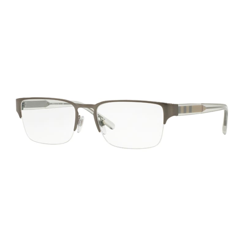 Burberry BE1297-1144 Men's Metal Eyeglasses featuring a brown and clear semi-rimless rectangular frame with 54mm lenses.
