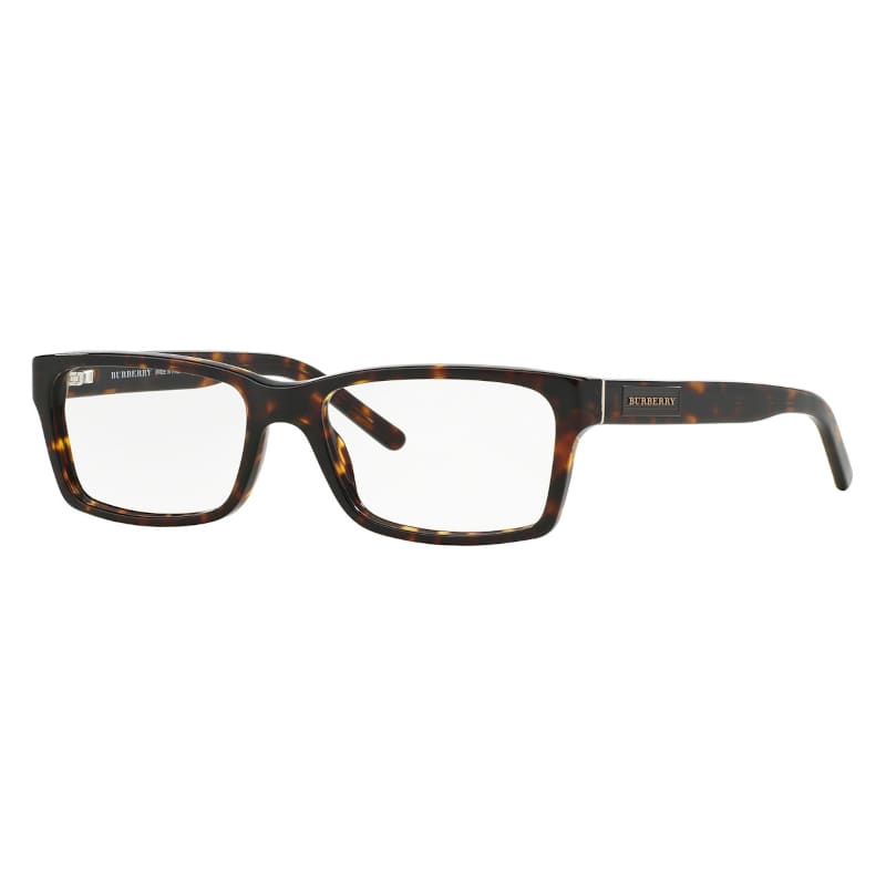 Burberry BE2108-3002 Unisex Havana Brown Acetate Rectangle Frame 52mm Lens Optical Eyeglasses displayed with case and cleaning cloth.