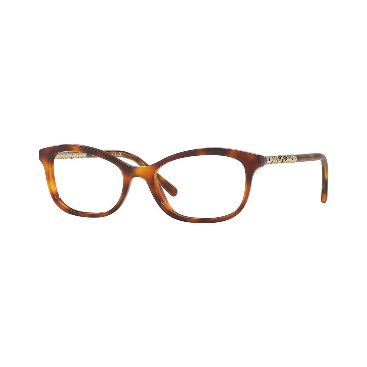 Burberry BE2231F-3316 Asian Fit Light Havana Rectangular Women's Plastic Eyeglasses displayed elegantly with a stylish case.