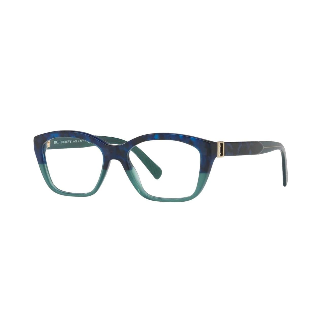 Burberry BE2265-3677 Blue Havana Green Rectangular Women's Plastic Eyeglasses displayed elegantly with a stylish case.