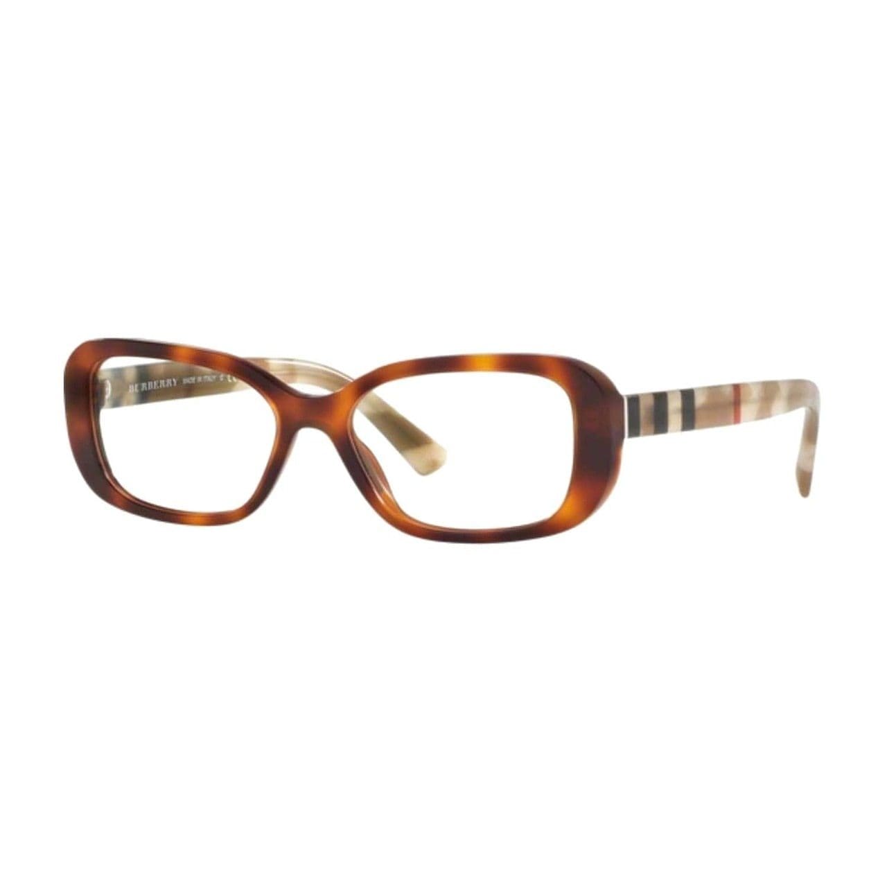 Burberry BE2228-3601 Light Havana Rectangular Women's Plastic Eyeglasses displayed elegantly with a light background.