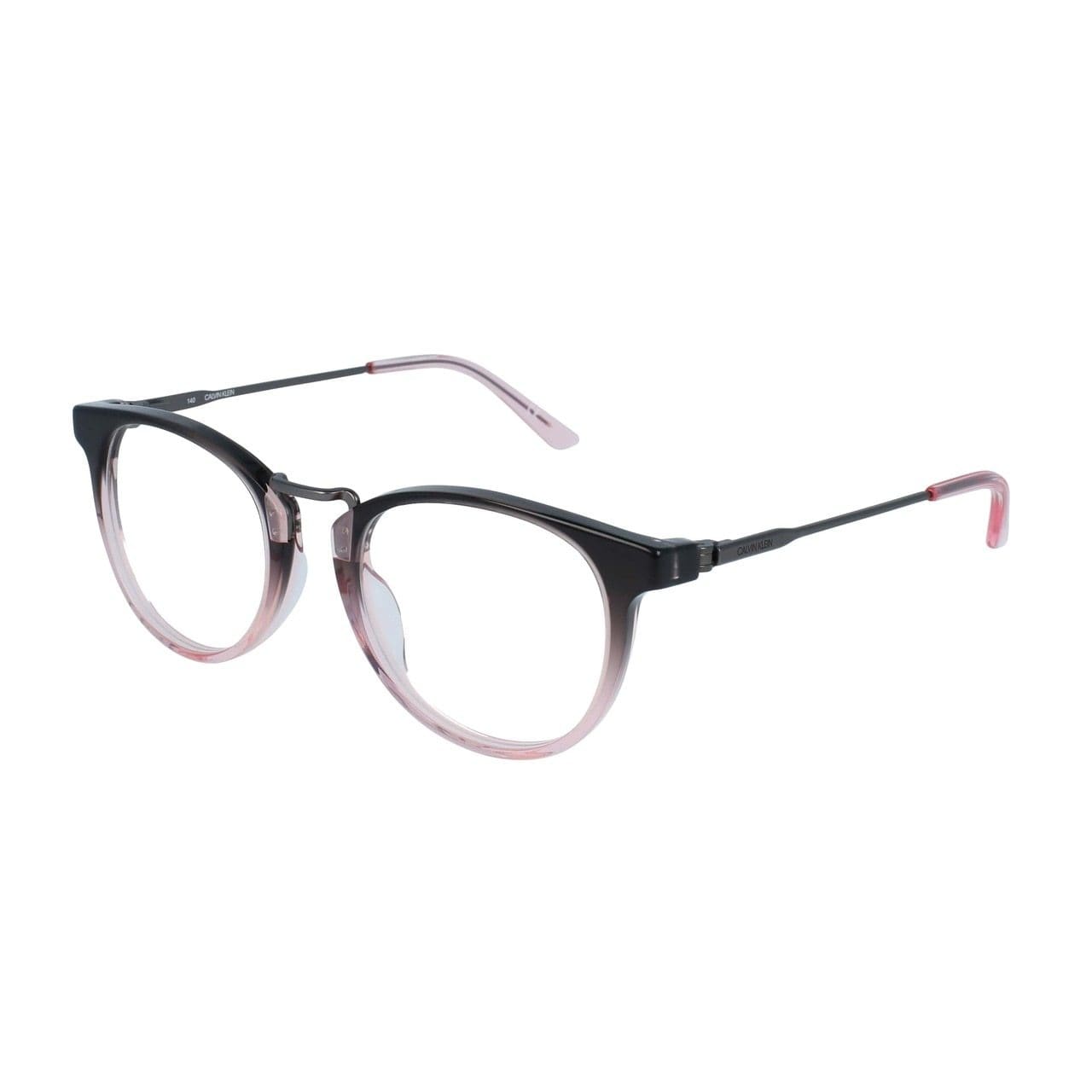 Calvin Klein CK-18721-677 eyeglasses featuring a crystal smoke pink gradient round acetate frame, designed for women.