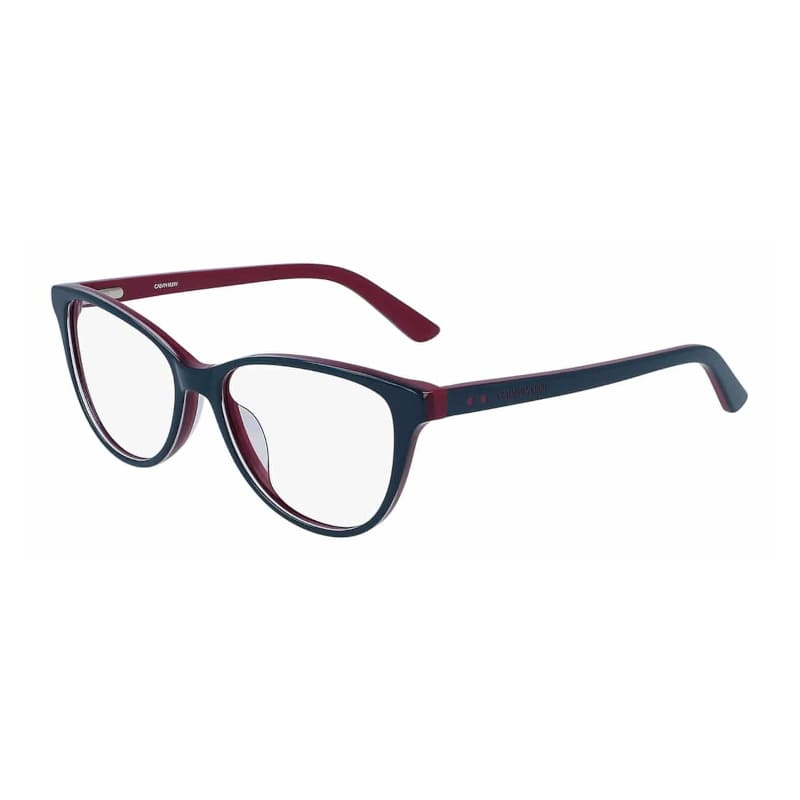 Calvin Klein CK19516-435 Unisex Teal & Plum Square Acetate Frame 52mm eyeglasses displayed with a stylish case and cleaning cloth.