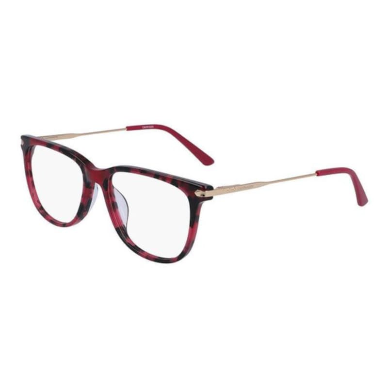 Calvin Klein CK19704-655 Women Berry Tortoise Acetate Square Frame 52mm Lens Optical Eyeglasses displayed with a stylish case and cleaning cloth.