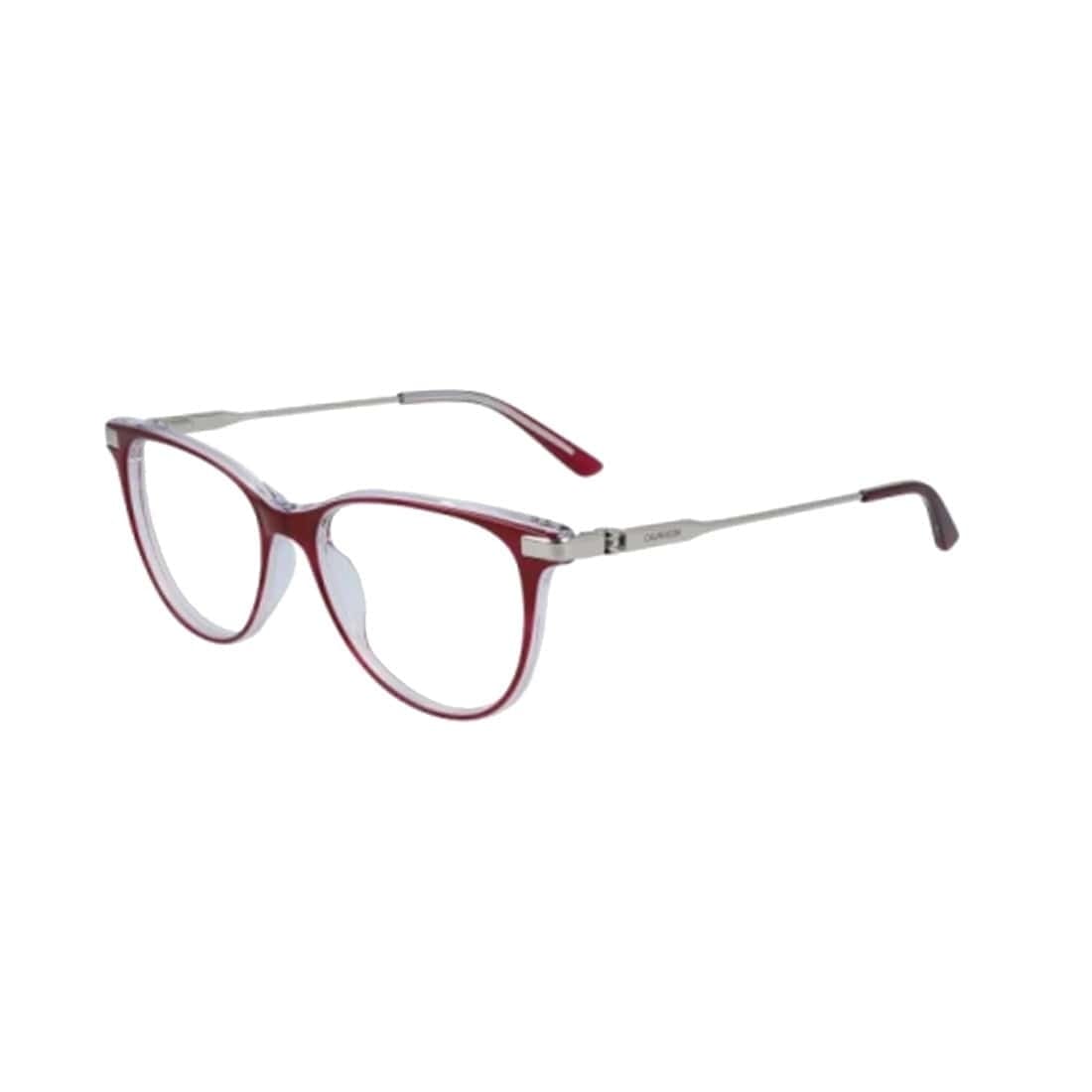 Calvin Klein CK-19709-658 Fuchsia Horn Square Women's Plastic Eyeglasses displayed elegantly with a vibrant fuchsia color and stylish square frame.