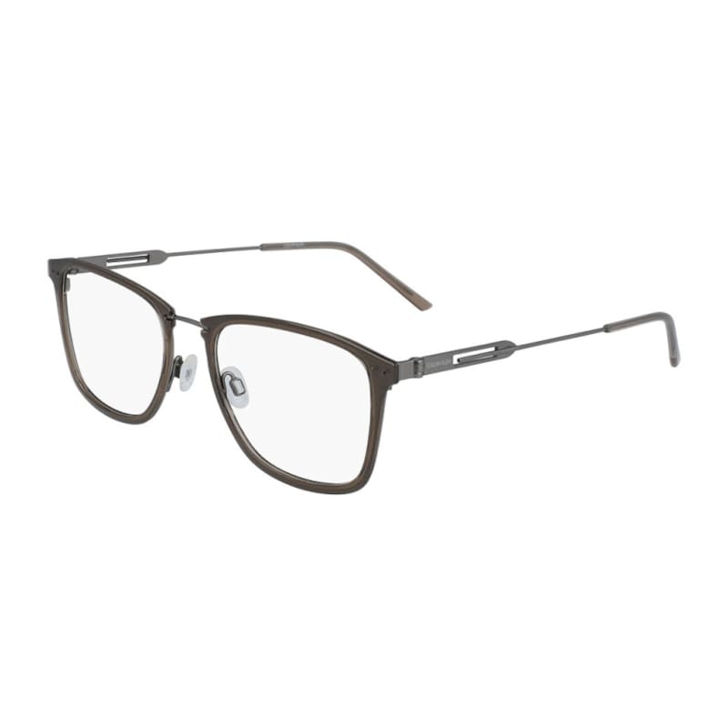 Calvin Klein CK19717F-270 Men Crystal Beige Metal Square Frame 55mm Lens Optical Eyeglasses displayed with case and cleaning cloth.