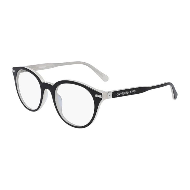 Calvin Klein CK20513-073 unisex black and white round acetate frame eyeglasses with 50mm lens size, stylish and modern design.