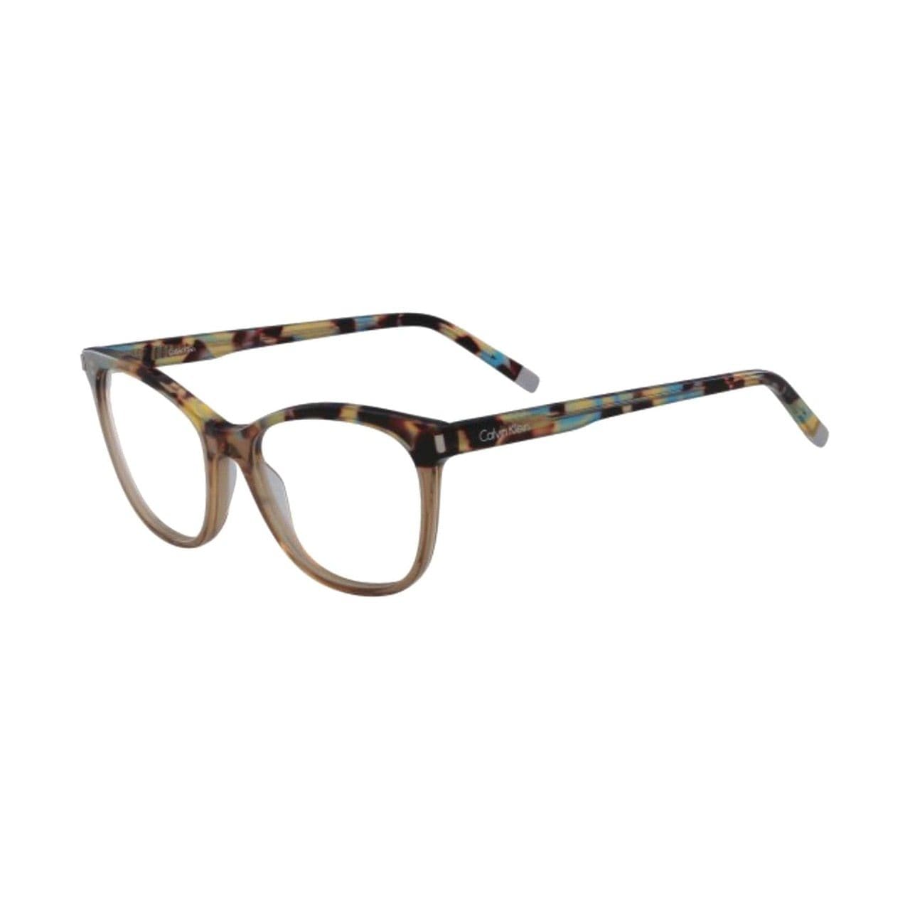 Calvin Klein CK-5975-215 Spotted Havana Square Women's Plastic Eyeglasses displayed elegantly with a stylish case.