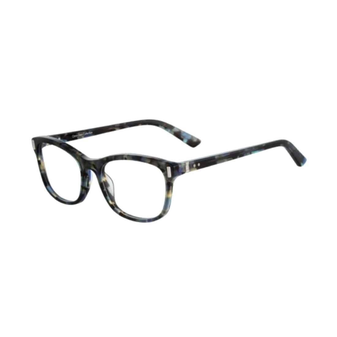 Calvin Klein CK-8534-422 Cyan Blue Tortoise Square Unisex Plastic Eyeglasses displayed with a stylish case and paperwork.