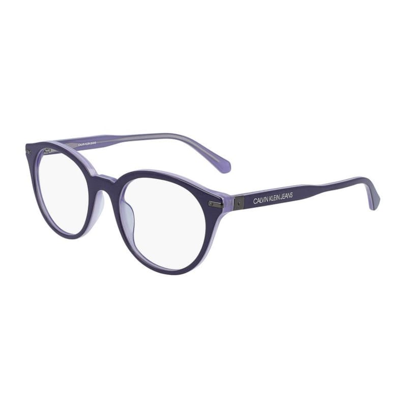 Calvin Klein CKJ20513-506 Unisex Purple Acetate Round Frame 50mm Lens Optical Eyeglasses displayed with a case and cleaning cloth.
