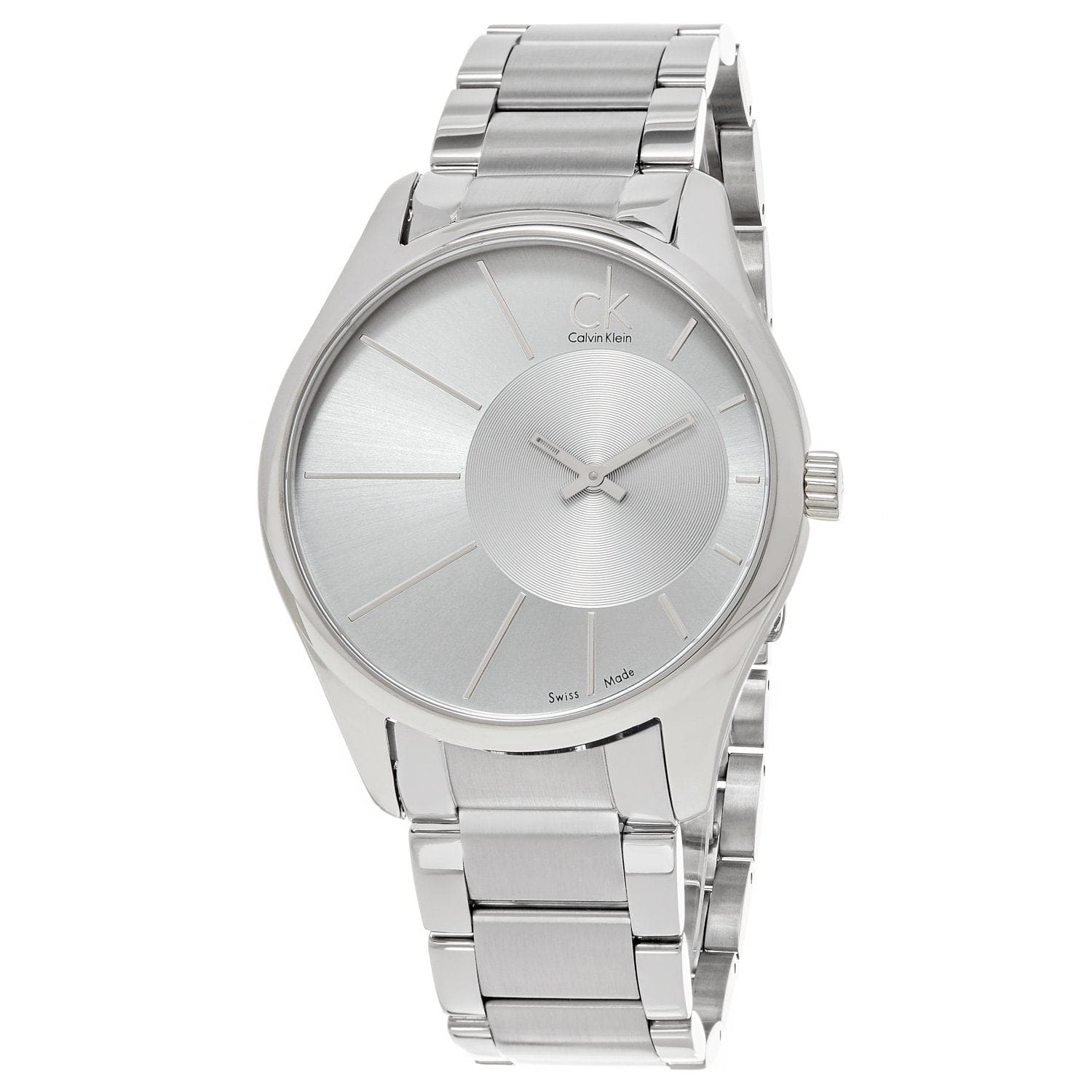 Calvin Klein Men's K0S21109 Deluxe Silver Dial Swiss Quartz Watch with polished stainless steel case and band.