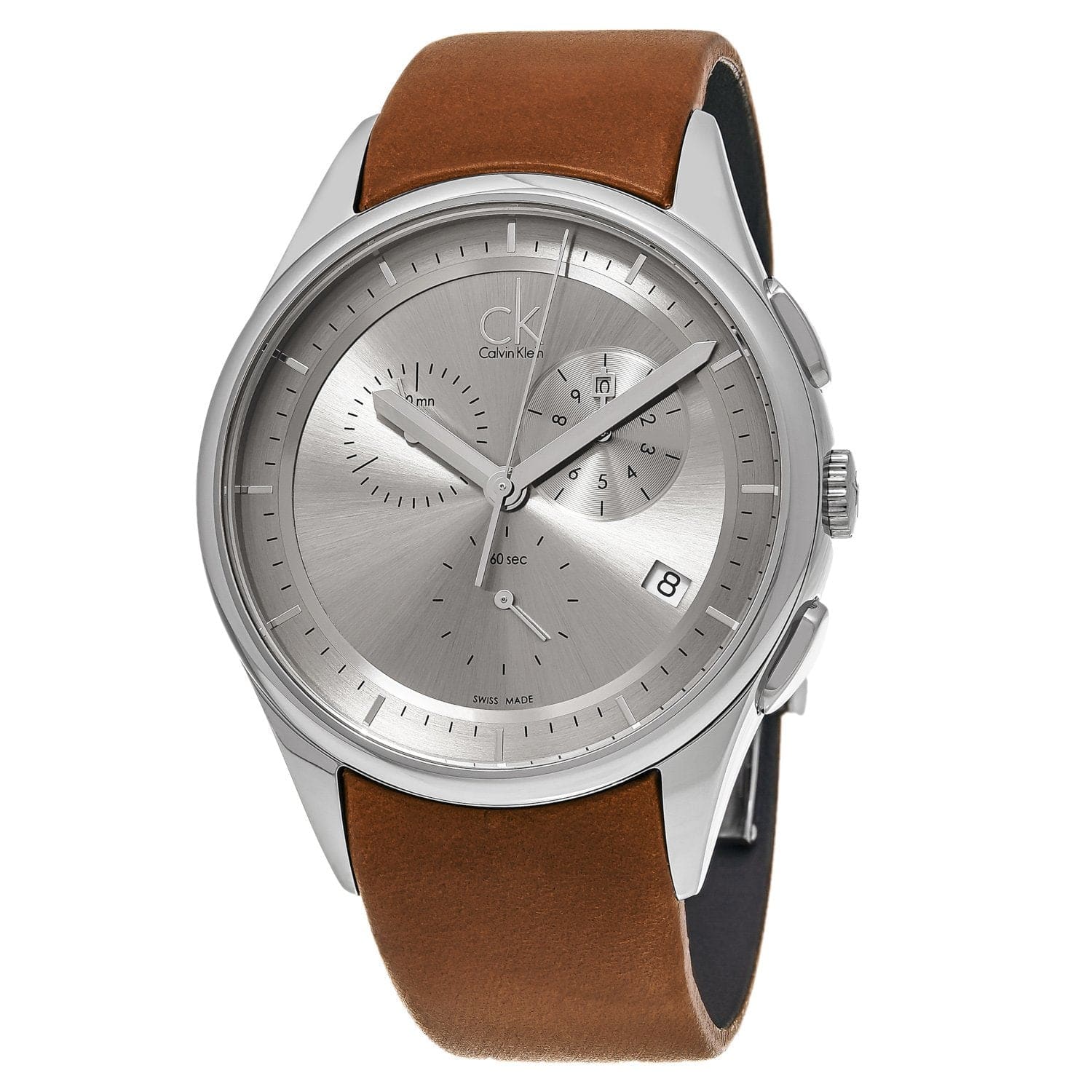 Calvin Klein Men's K2A27141 watch featuring a grey dial and brown leather strap, showcasing its elegant design and polished stainless steel case.