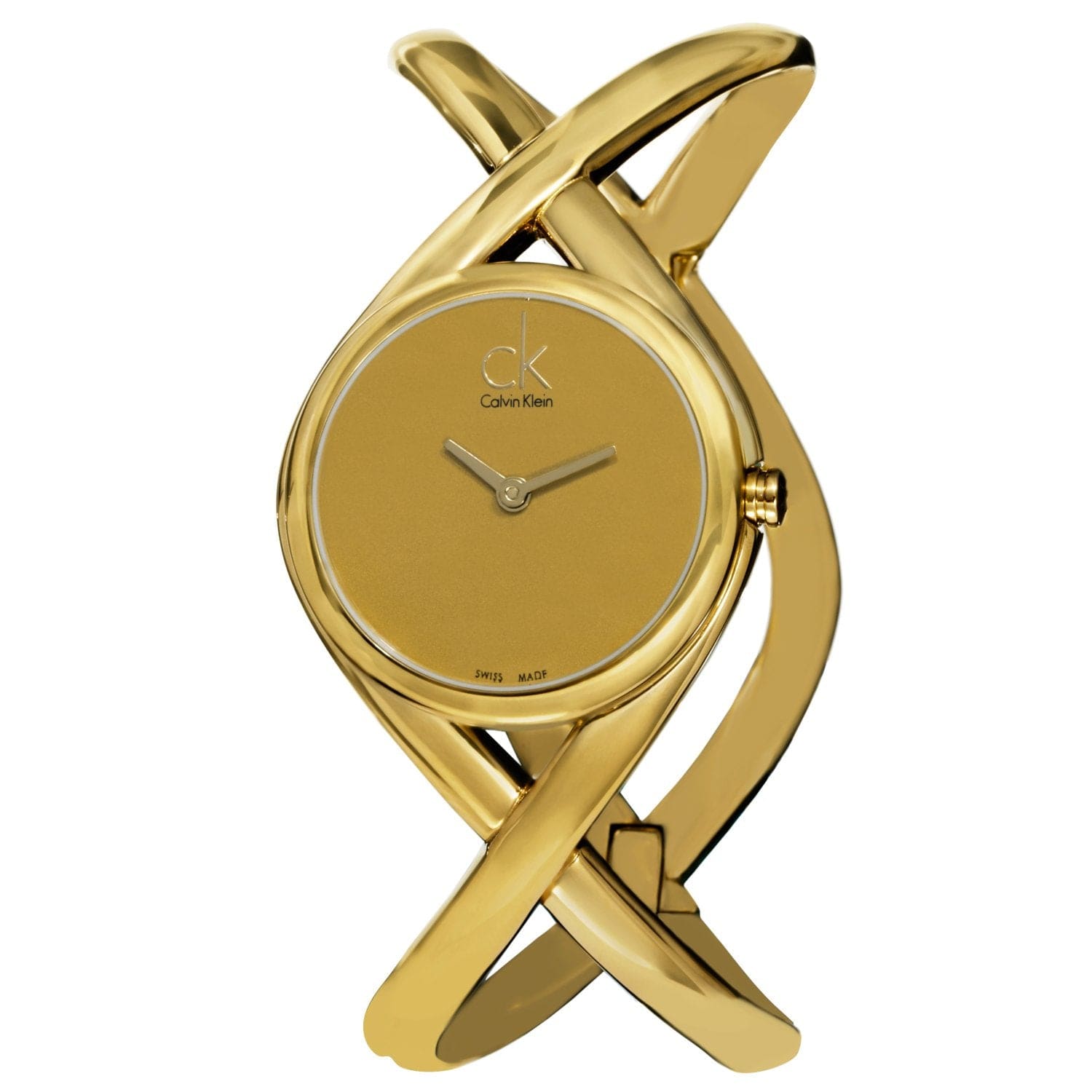 Calvin Klein Women's K2L23509 'Enlace' Goldtone Dial Goldtone Stainless Steel Medium Bangle Watch with polished yellow gold tone finish.