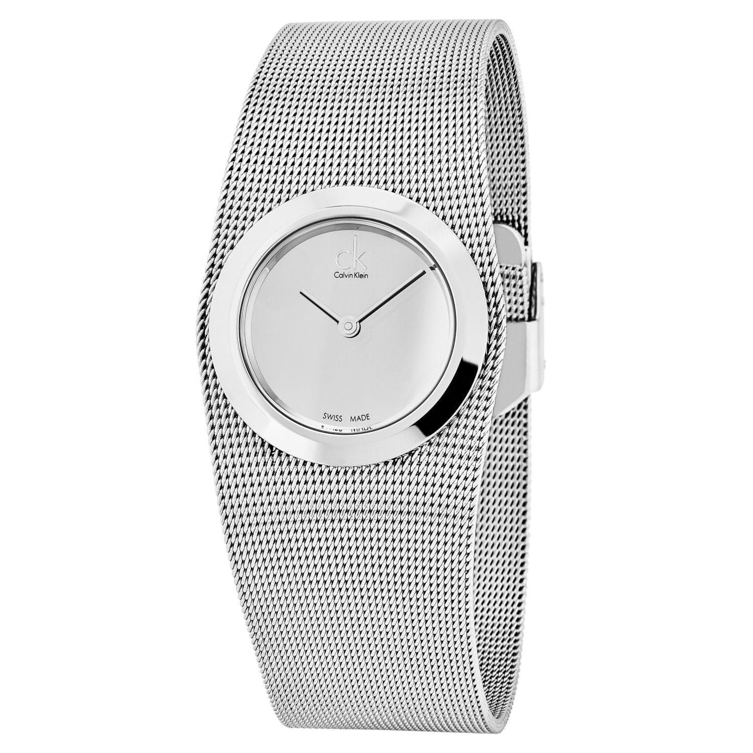 Calvin Klein Women's K3T23128 'Impulsive' Mirror Dial Stainless Steel Mesh Swiss Quartz Watch with polished case and mirror dial.