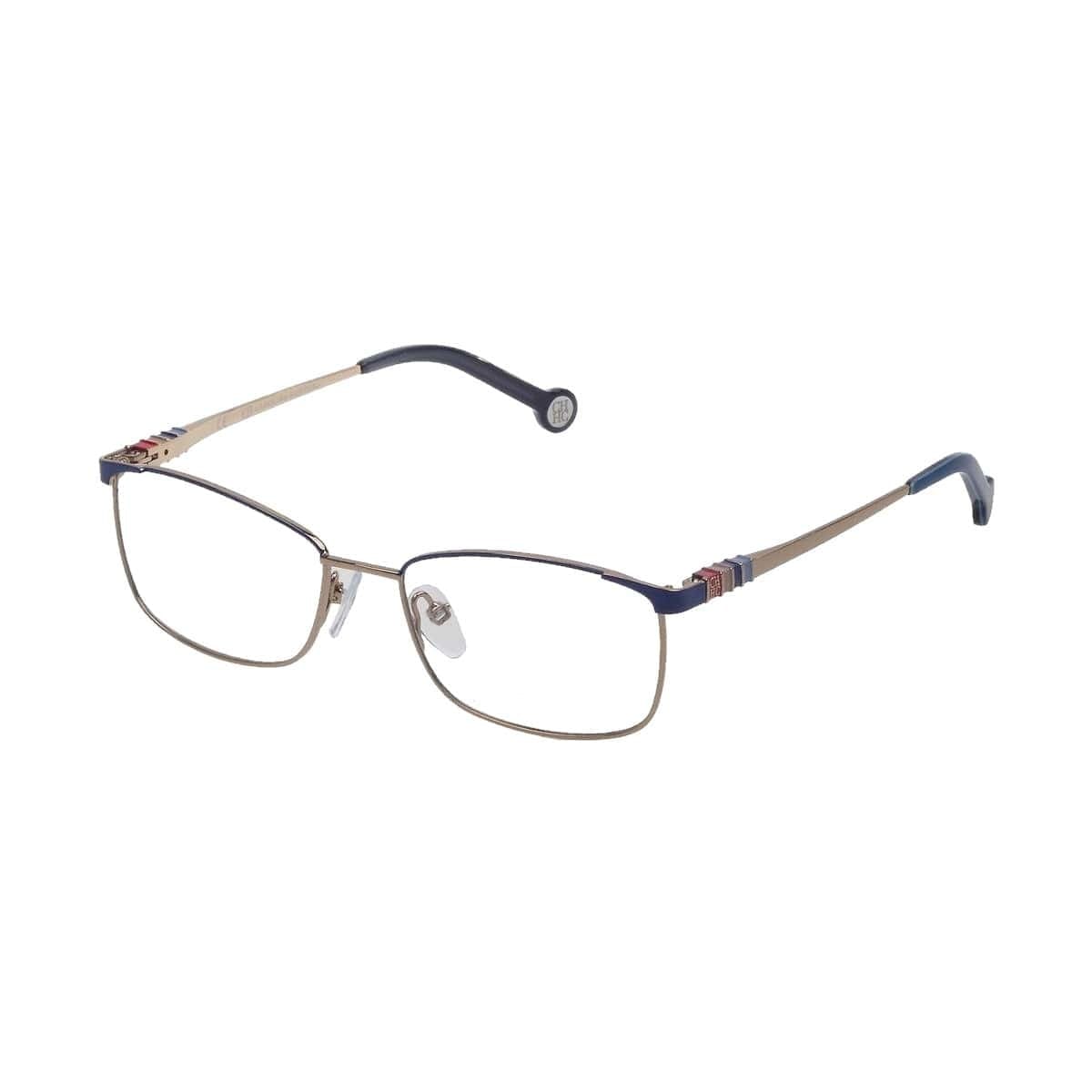 Carolina Herrera VHE114L-02AB Gold Blue Rectangular Women's Metal Eyeglasses showcasing a stylish design with a gold and blue color scheme.